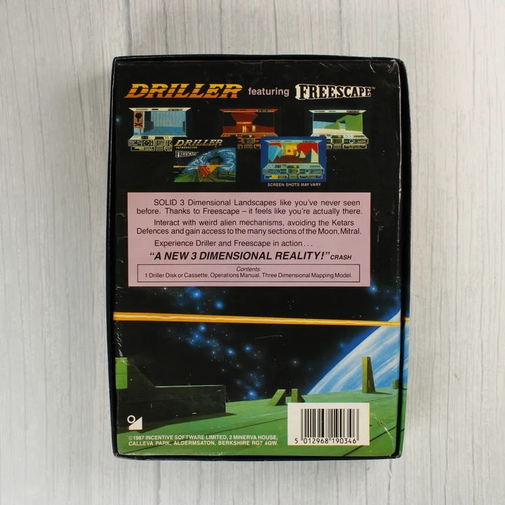 A Driller videójáték dobozának hátoldala leírással és képernyőmentésekkel