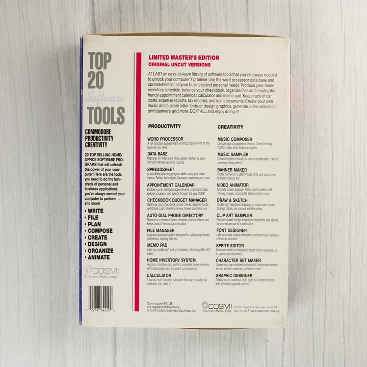 Top 20 Software Tools doboz hátlap A Top 20 Software Tools szoftvergyűjtemény dobozának hátoldala a programlistával