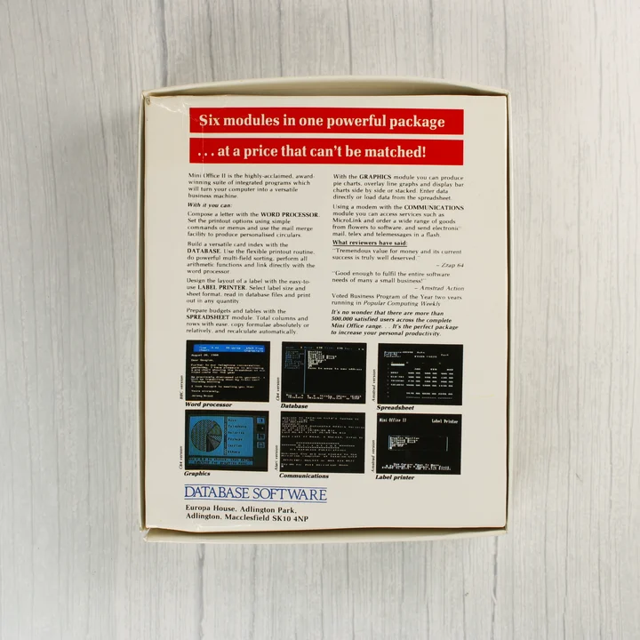 Mini Office II szoftver dobozának hátoldala leírásokkal