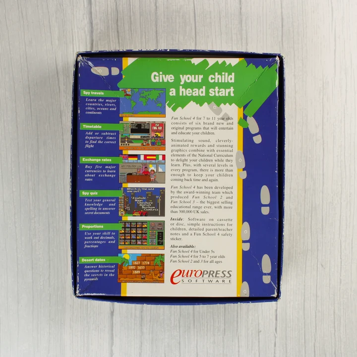 Fun School 4 doboz hátoldal A Fun School 4 játék dobozának hátoldala a játékok leírásával