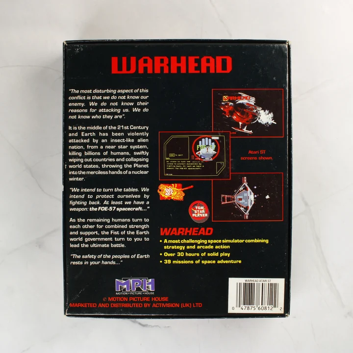 Warhead Atari ST doboz hátlap Warhead videójáték dobozának hátoldala leírással és képernyőfotókkal