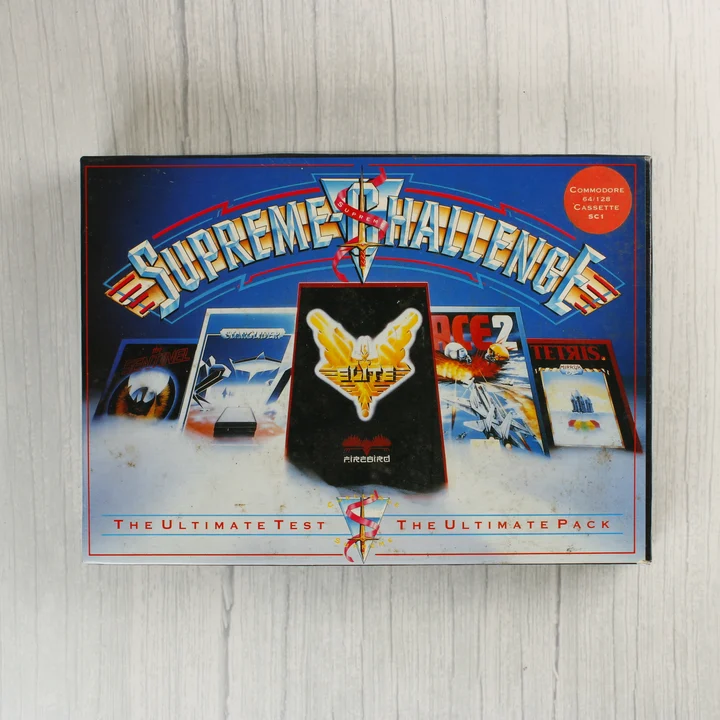 Supreme Challenge C64 doboz elölnézet A Supreme Challenge videójáték-válogatás színes díszdoboza elölről.
