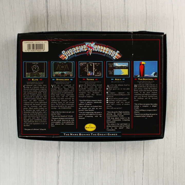 Supreme Challenge C64 doboz hátlap A Supreme Challenge videójáték-válogatás dobozának hátoldala leírásokkal és képernyőmentésekkel.