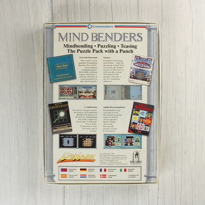 Mind Benders C64 hátlap Mind Benders Commodore 64 játékgyűjtemény dobozának hátoldala