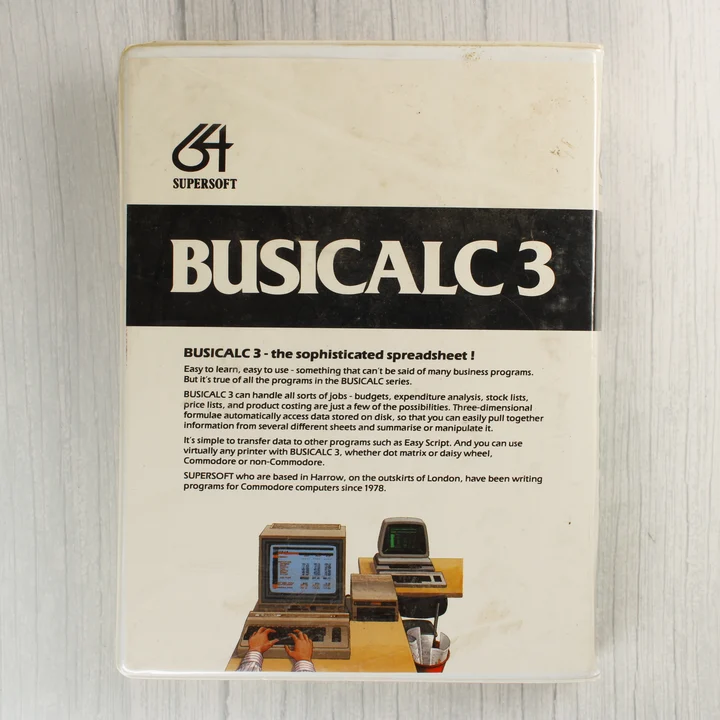 Busicalc 3 C64 hátlap Busicalc 3 szoftver dobozának hátoldala