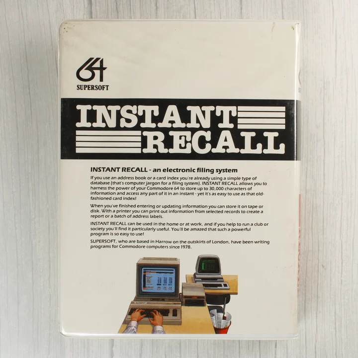 Instant Recall C64 hátlap Instant Recall Commodore 64 szoftver tokjának hátoldala