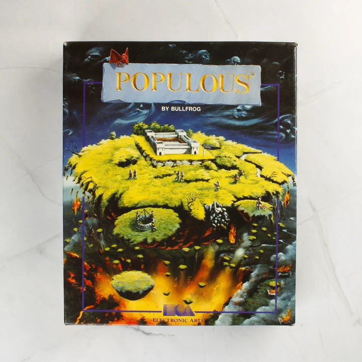 Populous videójáték dobozának előlapja színes illusztrációval