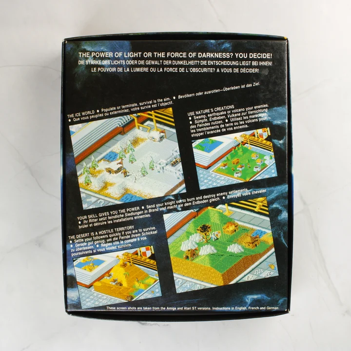 Populous videójáték dobozának hátoldala játékmenet képekkel