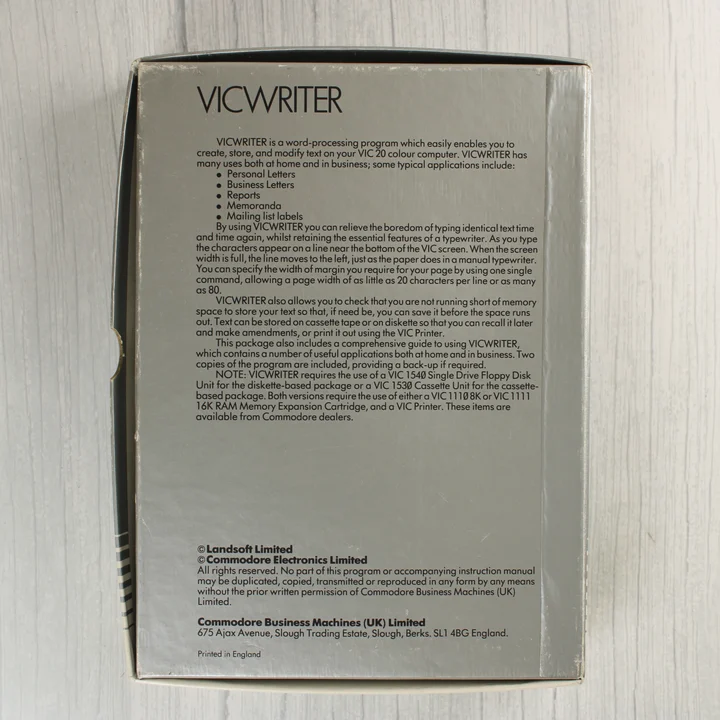 Commodore VIC-20 VICWRITER szoftver dobozának hátoldala