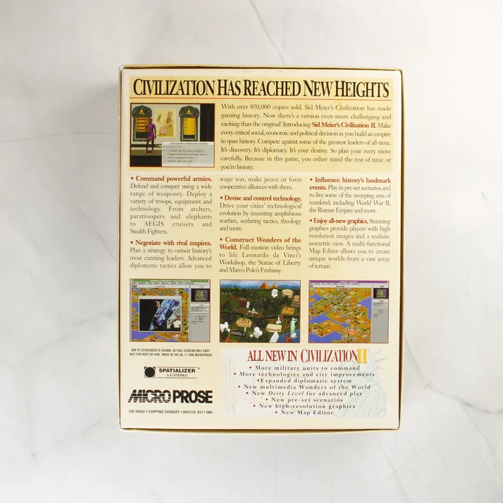 Civilization II doboz hátlap Sid Meier's Civilization II doboz hátoldala leírással és képernyőmentésekkel