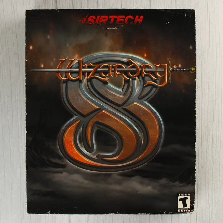 A Wizardry 8 videójáték első oldali dobozképe a Sirtech logóval.