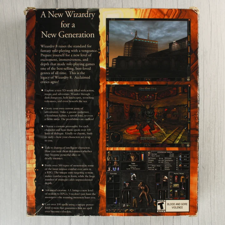 A Wizardry 8 videójáték dobozának hátoldala leírásokkal és képernyőfotókkal.