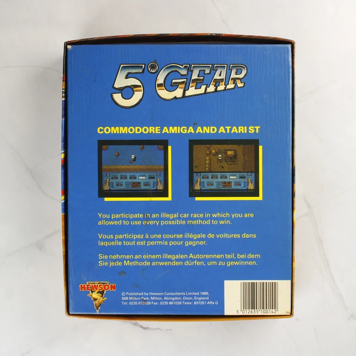 5th Gear Atari ST doboz hátlap A 5th Gear videójáték dobozának hátoldala leírással és vonalkóddal