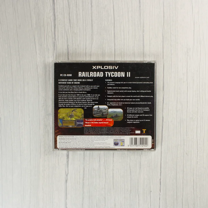 A Railroad Tycoon II műanyag CD-tokjának hátoldala a vonalkóddal