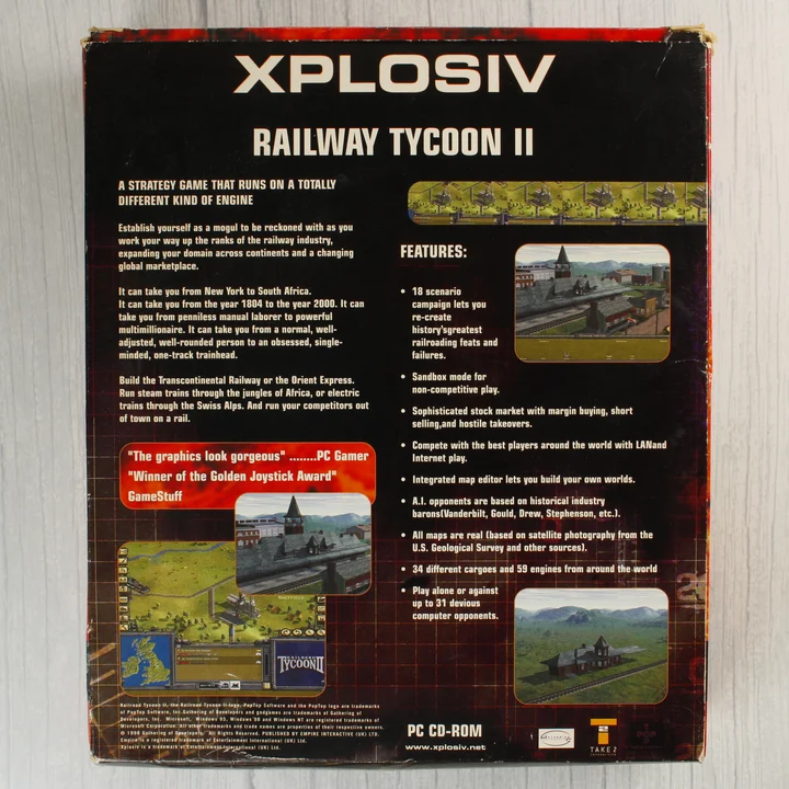 A Railroad Tycoon II videójáték dobozának hátoldala leírással és képernyőfotókkal
