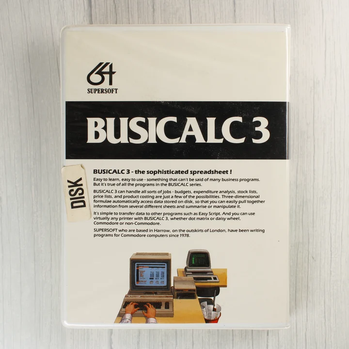 Busicalc 3 szoftver dobozának hátoldala angol nyelvű leírással