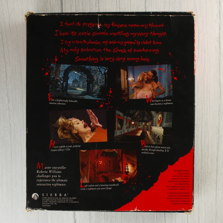 Phantasmagoria videójáték dobozának hátoldala jelenetfotókkal