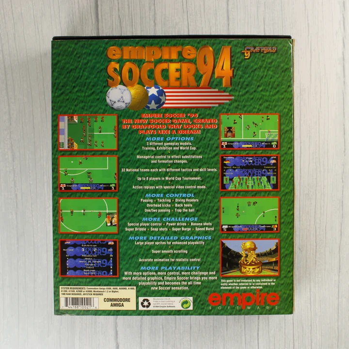 Empire Soccer 94 Commodore Amiga játék dobozának hátoldala