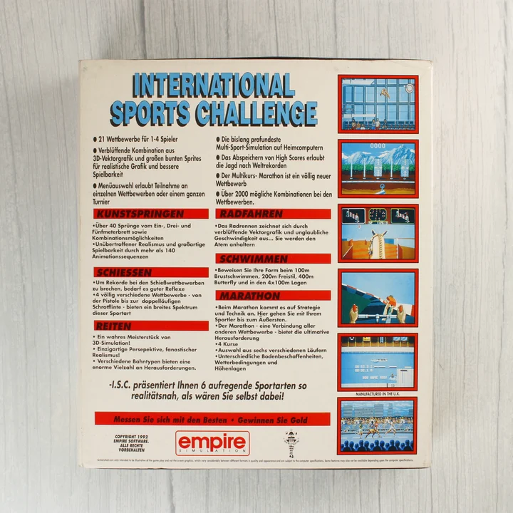 International Sports Challenge játék dobozának hátoldala német nyelvű leírással