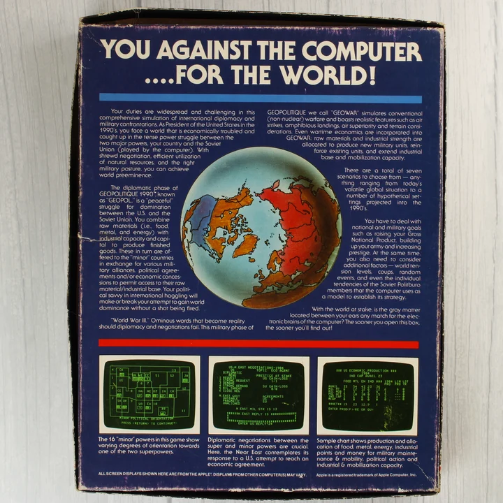 Geopolitique 1990 Commodore 64 játék dobozának hátoldala