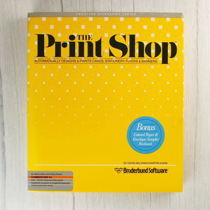 The Print Shop Commodore 64 szoftver sárga doboza