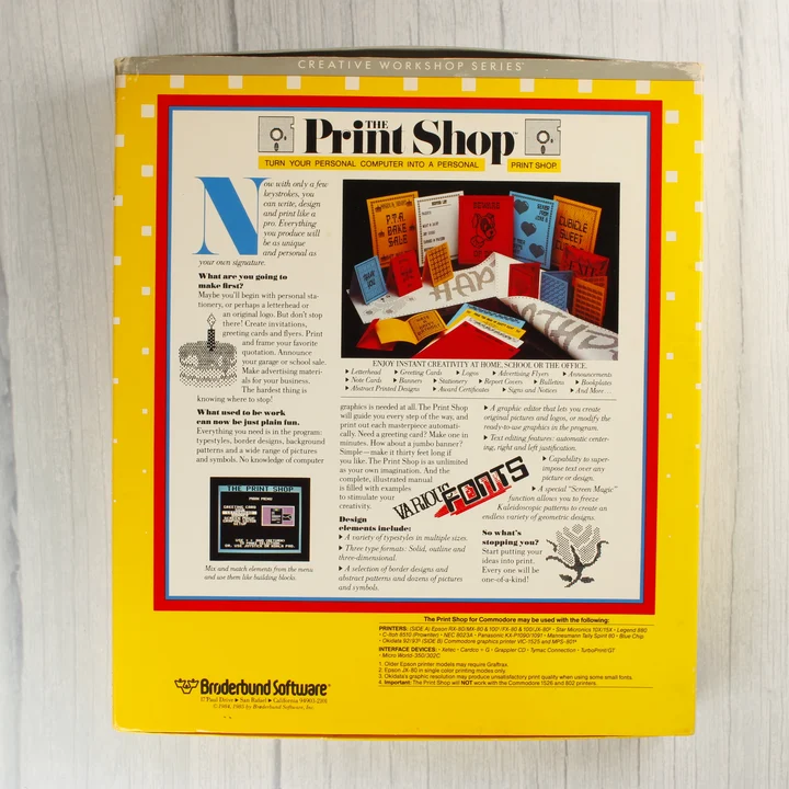 The Print Shop szoftver dobozának hátoldala leírással