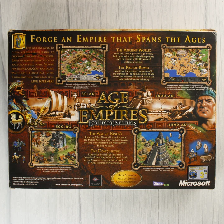 Age of Empires Collector's Edition dobozának hátoldala játékmenet képekkel
