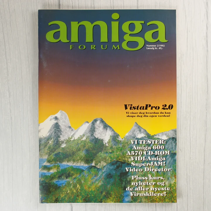 Az Amiga Forum magazin 1992/2-es számának színes borítója hegyvidéki tájjal.