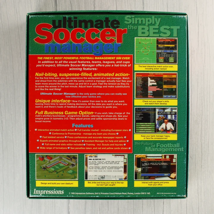 Ultimate Soccer Manager doboz hátoldal Az Ultimate Soccer Manager videójáték dobozának hátoldala leírásokkal
