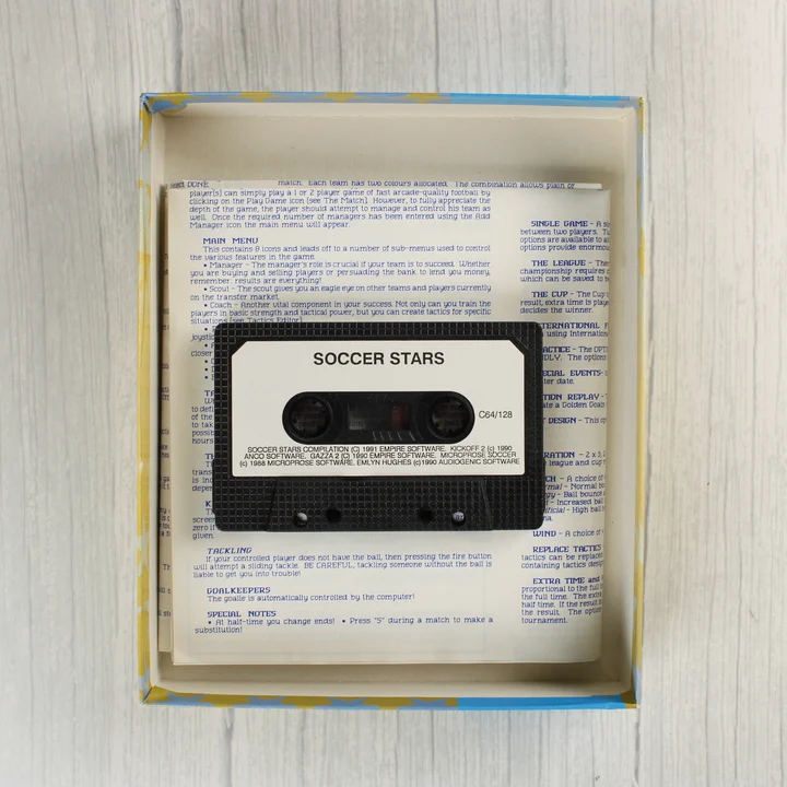 Soccer Stars videójáték kazetta és kézikönyv a dobozban