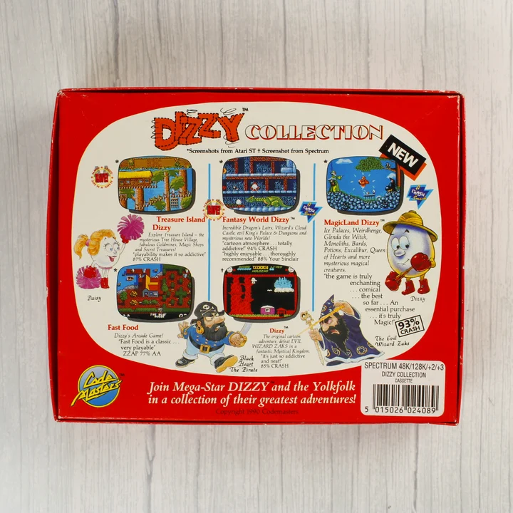 A Dizzy Collection dobozának hátoldala képernyőképekkel és leírásokkal.