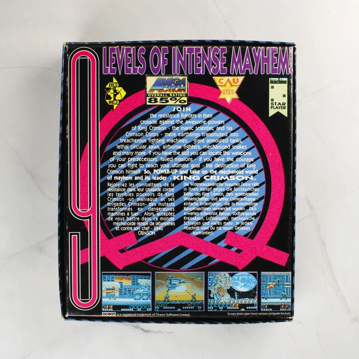 A Midnight Resistance videójáték dobozának hátoldala leírásokkal és képernyőképekkel.