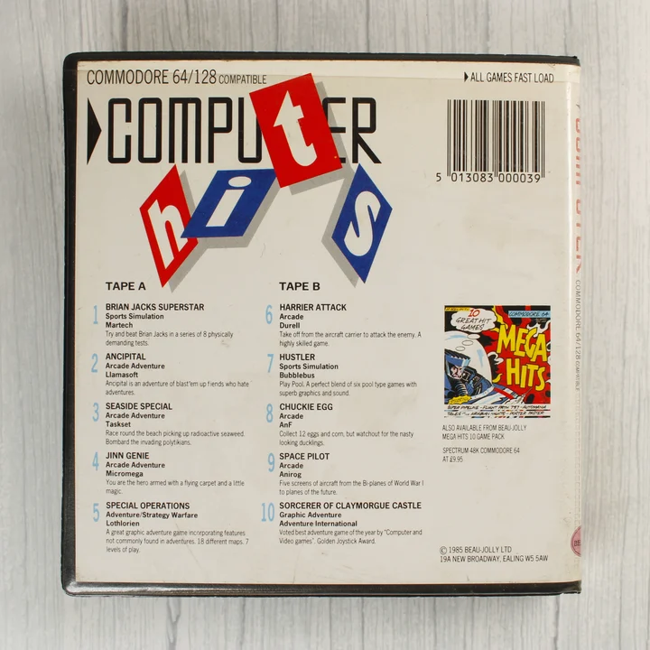 A 10 Computer Hits Commodore 64 játékválogatás hátoldala vonalkóddal