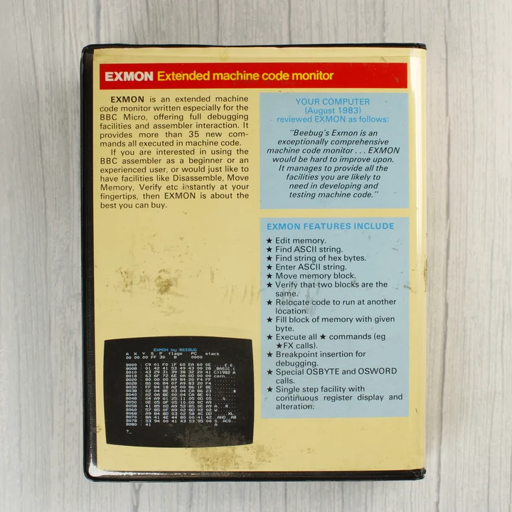 Az EXMON szoftver tokjának hátoldala angol nyelvű leírással és funkciólistával.