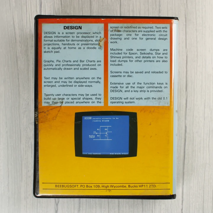 Beebugsoft Design szoftver tokjának hátoldala leírással