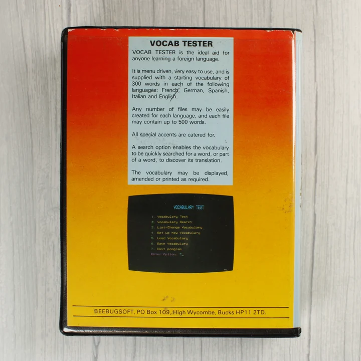 Vocab Tester szoftver tokjának hátoldala