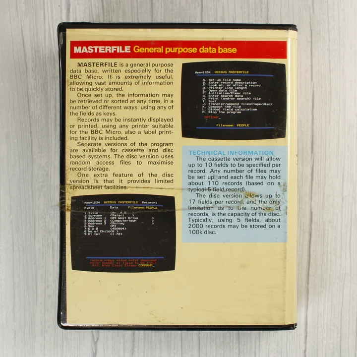Masterfile BBC Micro szoftver kazetta tok hátoldala