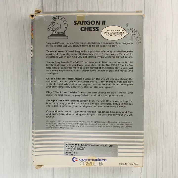 Sargon II Chess videójáték dobozának hátoldala leírással