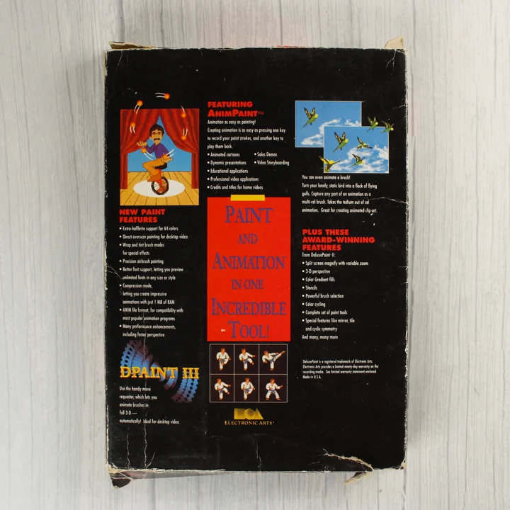 Deluxe Paint III Amiga szoftver dobozának hátoldala