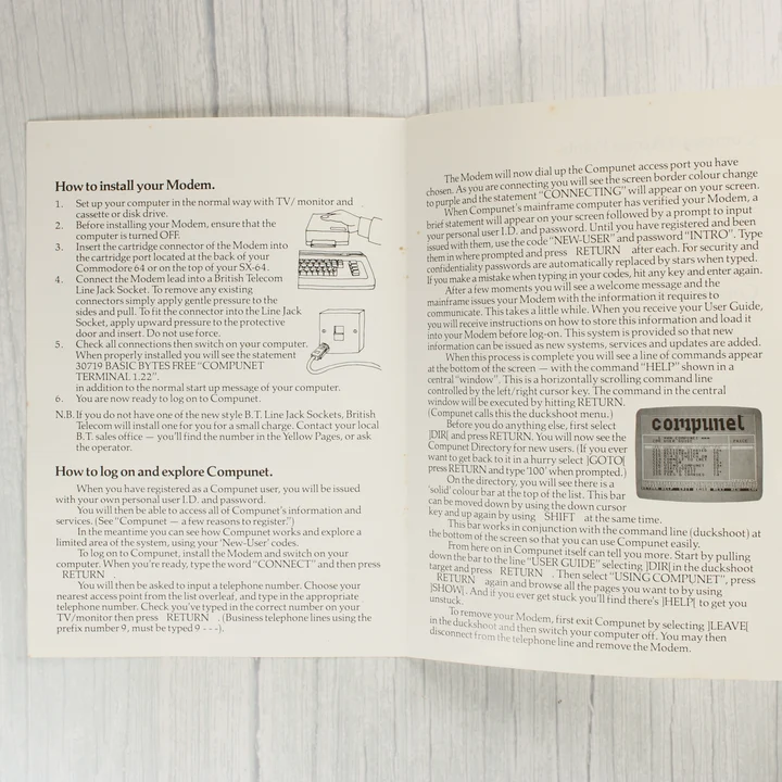 Commodore 64 Modem használati ùtmutató nyitott oldala