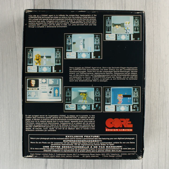 A Corporation videójáték dobozának hátoldala leírásokkal és képernyőfotókkal
