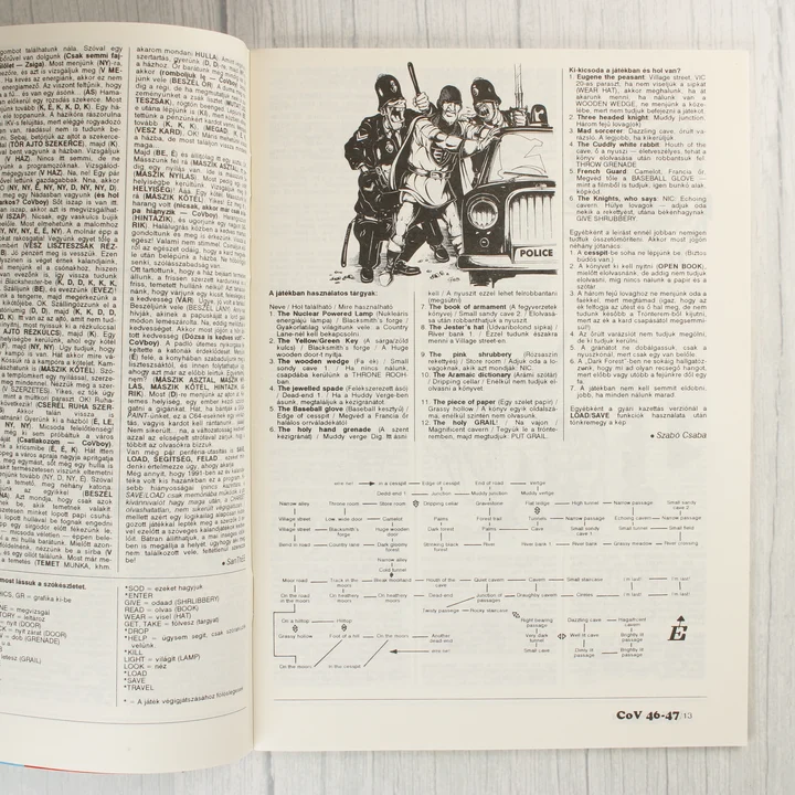 A Commodore Világ magazin belső oldala szöveggel és egy játék térképével.