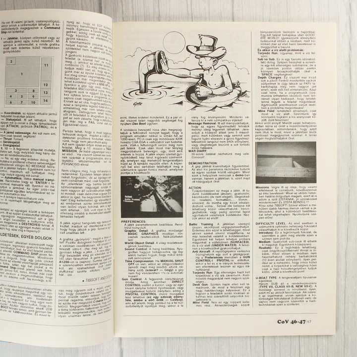 A Commodore Világ magazin egy másik belső oldala, rajzos illusztrációval és sűrű szöveggel.