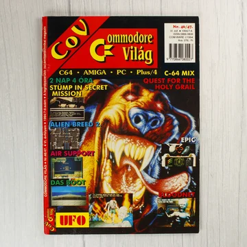 A Commodore Világ 46/47. számának színes borítója egy szörnyeteggel és játékfotókkal.