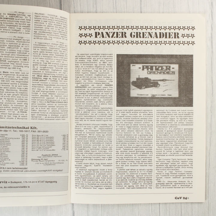 A Panzer Grenadier játékismertetője a Commodore Világ magazinban