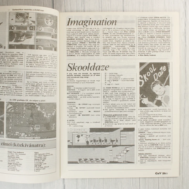 A Commodore Világ magazin belső oldalai az Imagination és Skooldaze játékok leírásával.