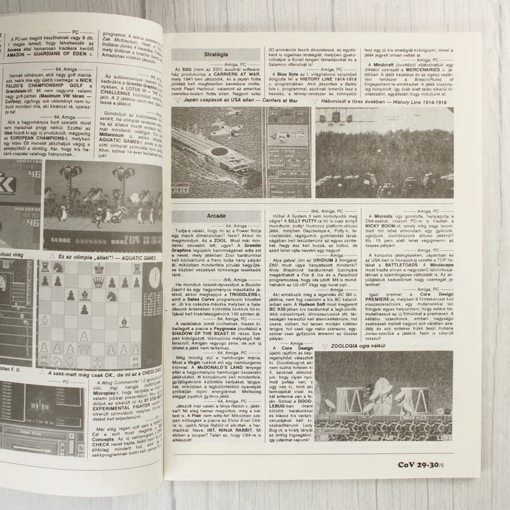 A Commodore Világ magazin belső oldala játékhírekkel