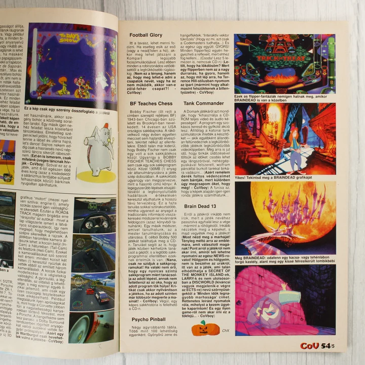 A magazin belső oldalai játékismertetőkkel és képernyőfotókkal.