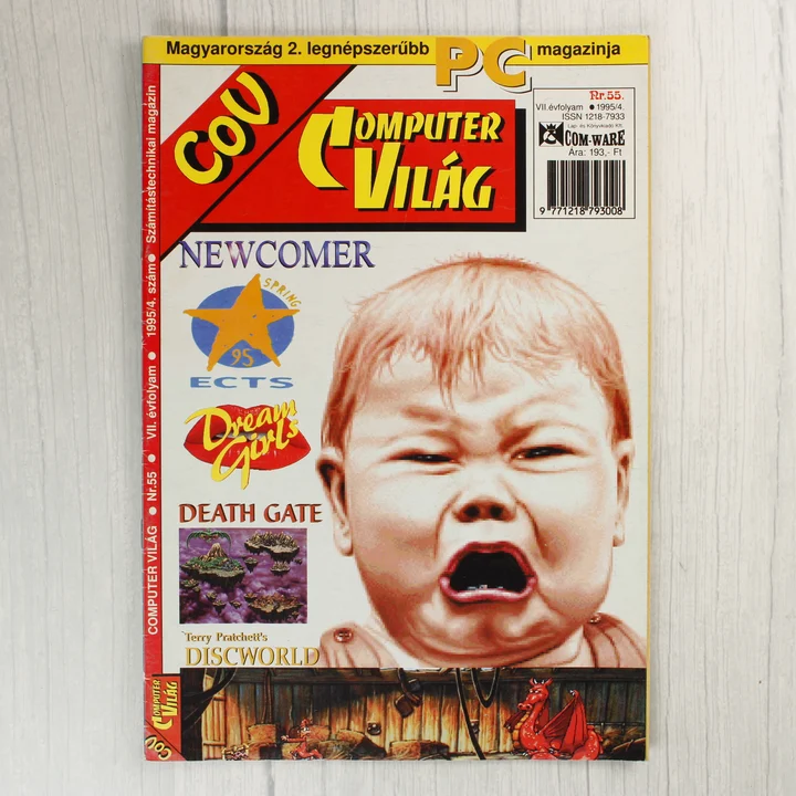 A Commodore Világ magazin 55. számának borítója egy síró kisgyerekkel