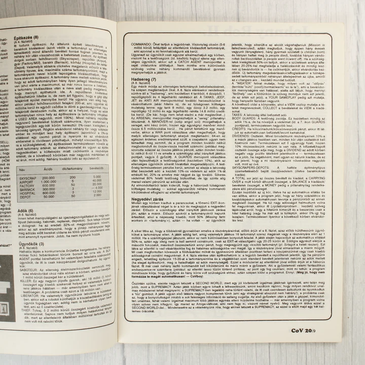 A magazin egy másik belső oldala táblázatokkal és szöveges leírásokkal.